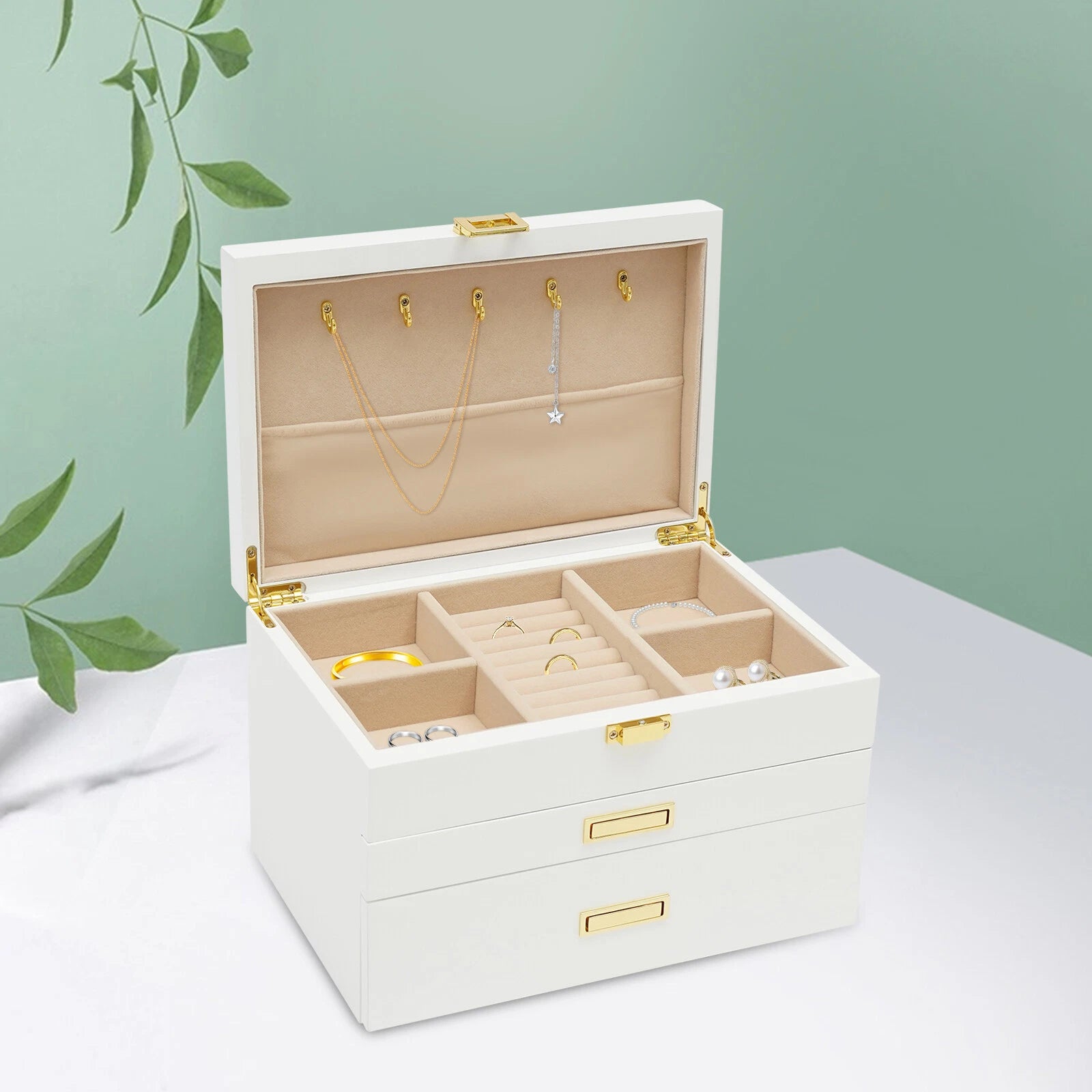 28CM Large Wooden Jewelry Storage Box White 3 Layers Organizer 2 Drawers Cabinet | eBay
