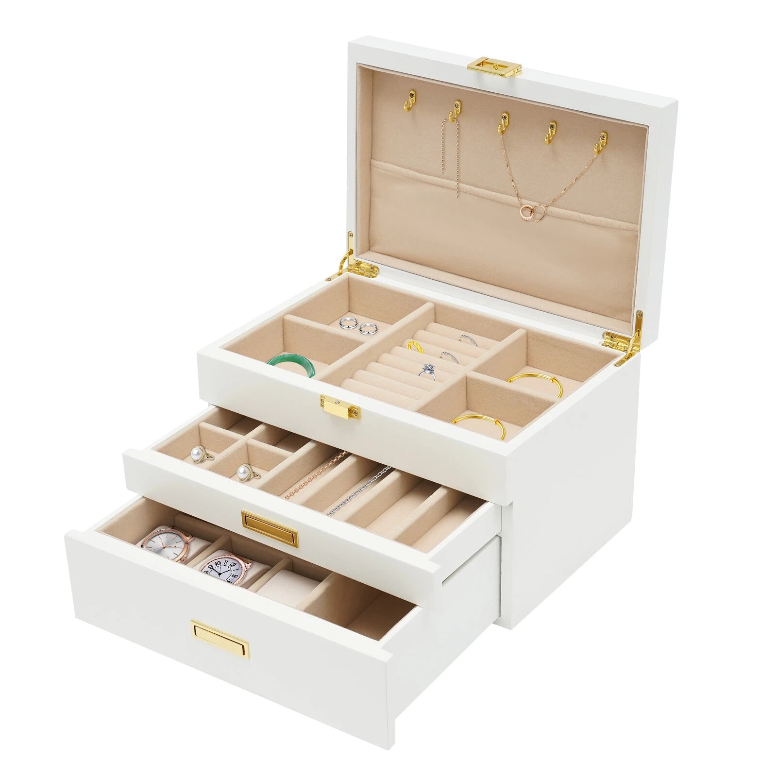 28CM Large Wooden Jewelry Storage Box White 3 Layers Organizer 2 Drawers Cabinet | eBay