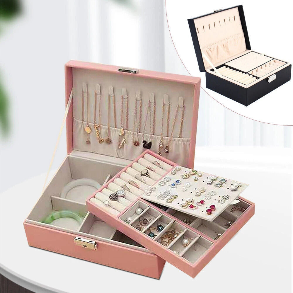 Double Layer Jewelry Box PU Leather Storage Large Space Holder Organizer Gift | eBay