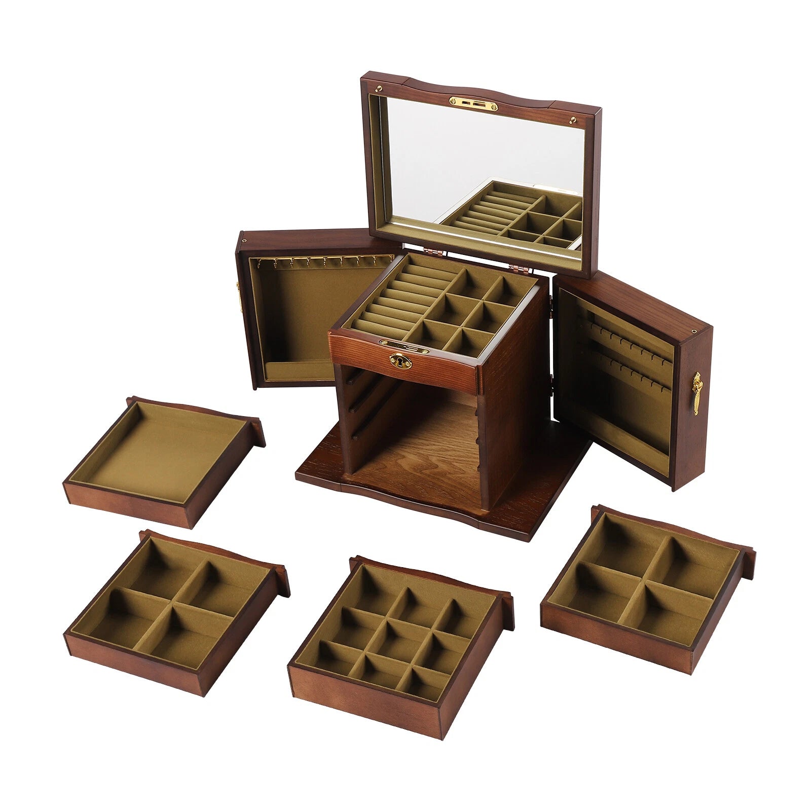 Wooden 5-Layer Large 4 Drawers Jewelry Box For Wowen with Mirror Organizer Box | eBay