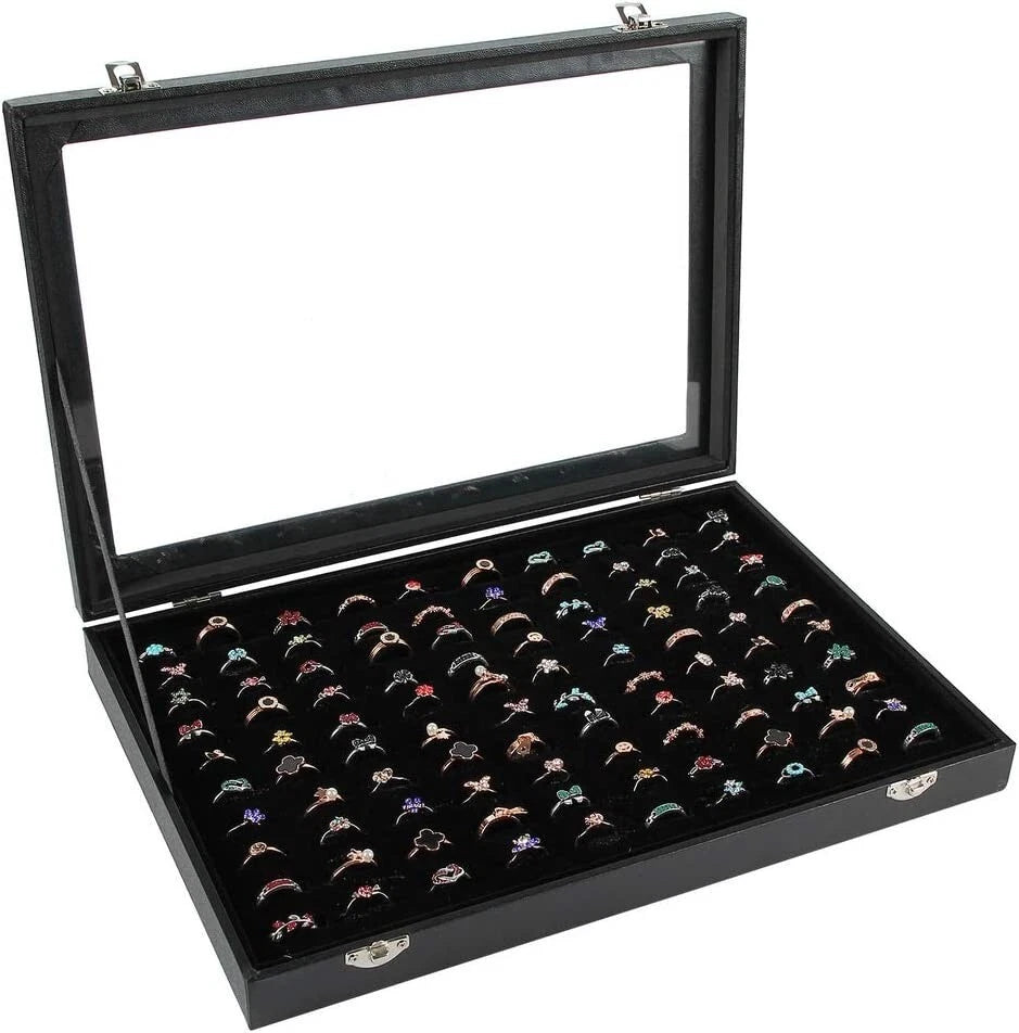 Black 100 Slots Ring Organizer Box,Ring Display Case Storage Boxes with Glass | eBay