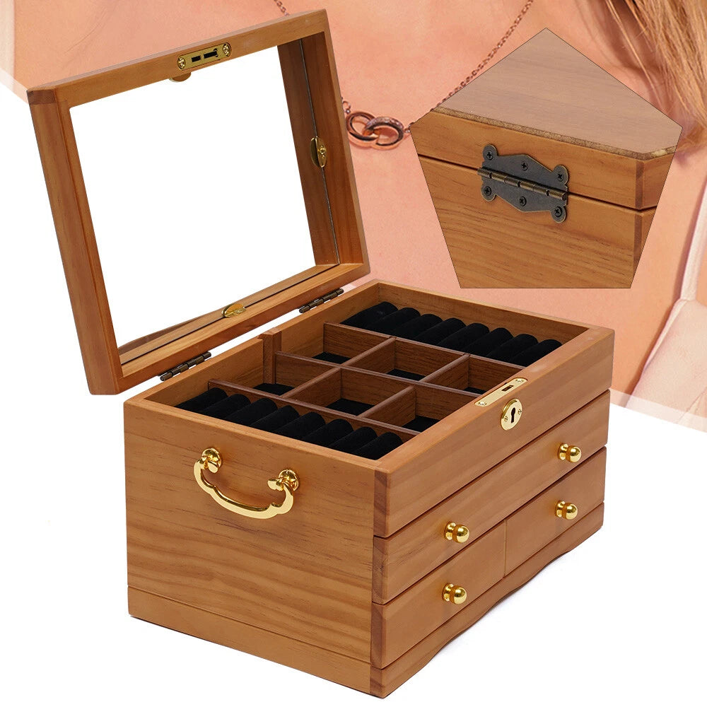 Large Capacity Wooden Jewelry Box W/ Safe Lock 3 Layers Retro Storage Organizer | eBay