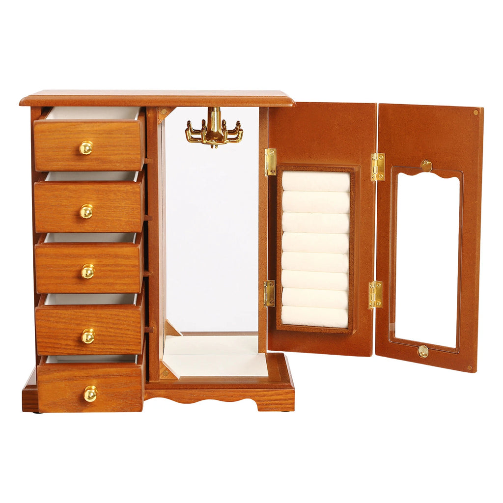 Wooden Jewelry Box Jewelry Storage Cabinet Organizer Mirror With 5 Drawers | eBay