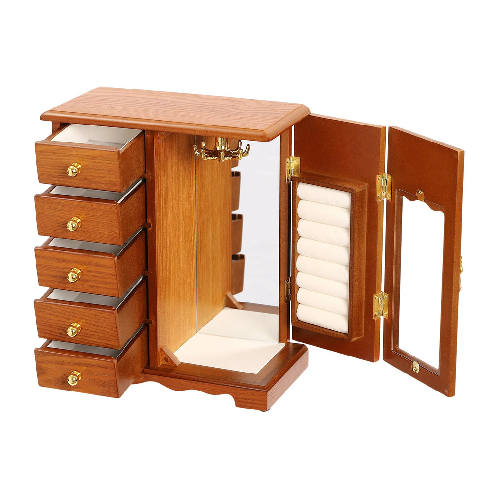 Wooden Jewelry Box Jewelry Storage Cabinet Organizer Mirror With 5 Drawers | eBay