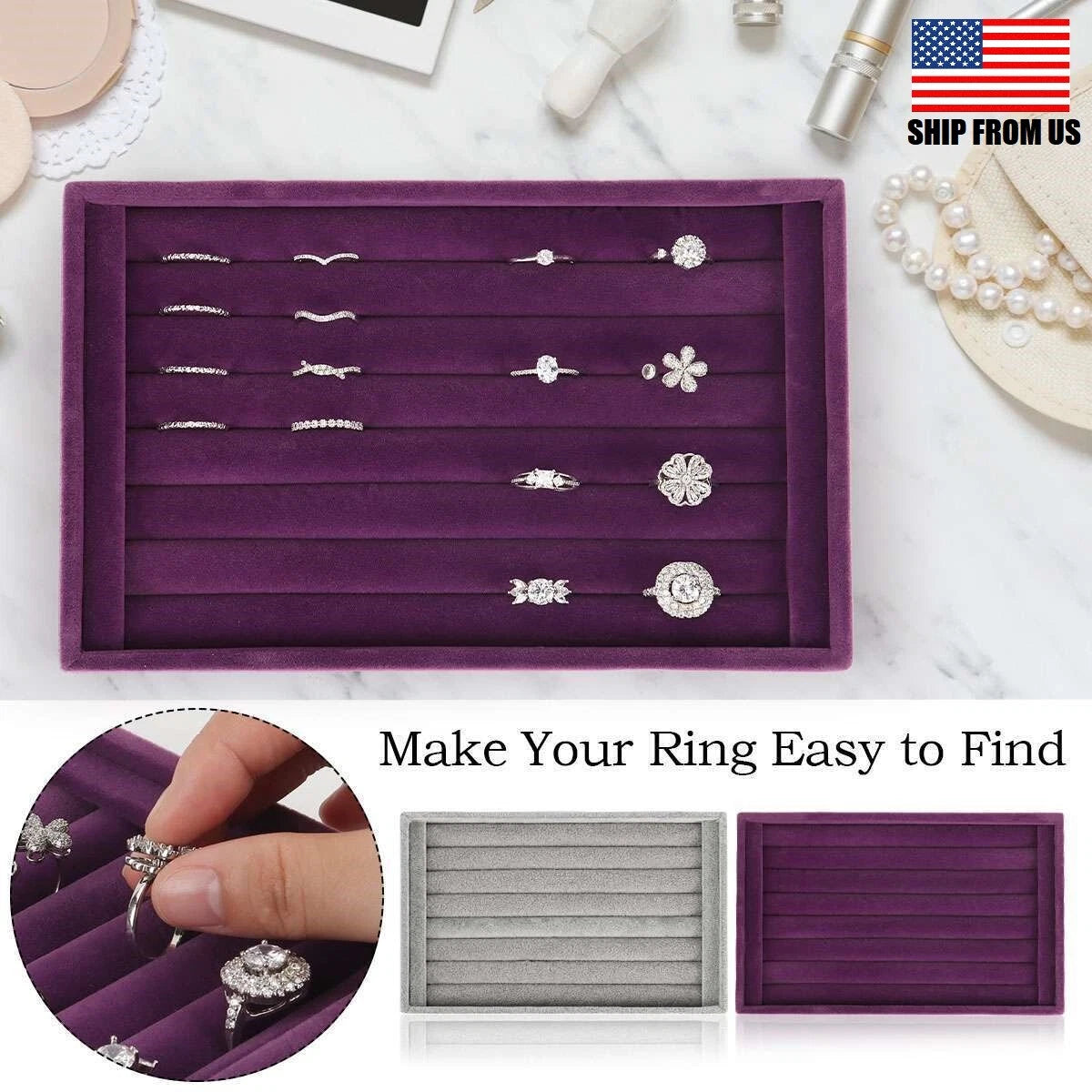 2× Velvet Jewelry Ring Display Organizer Case Earring Storage Box Tray Holder US | eBay