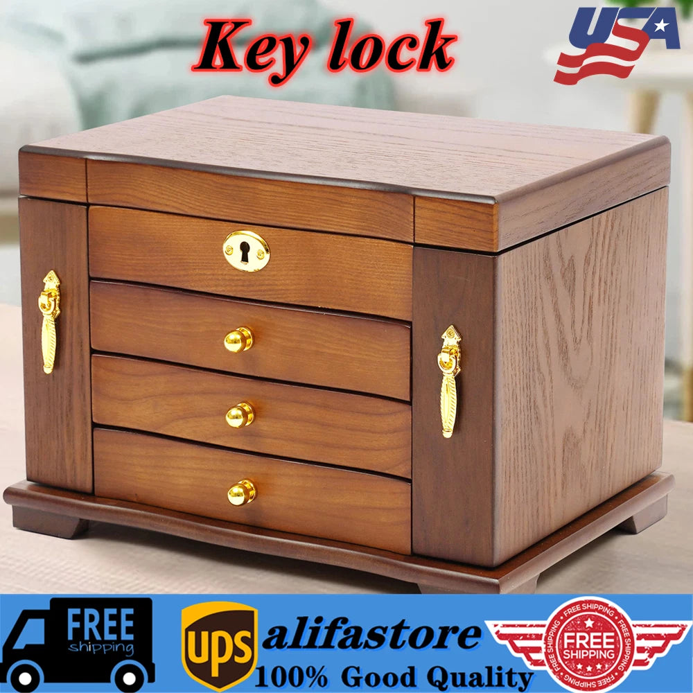 4-Tier Retro Solid Wood Jewelry Box Jewelry Case Lockable Ring Cabinet W/ Mirror | eBay