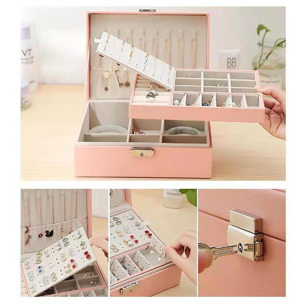 JEWELRY BOX 2-LAYER ORGANIZER CASE LARGE STORAGE NECKLACE RING LEATHER BRAND NEW | eBay