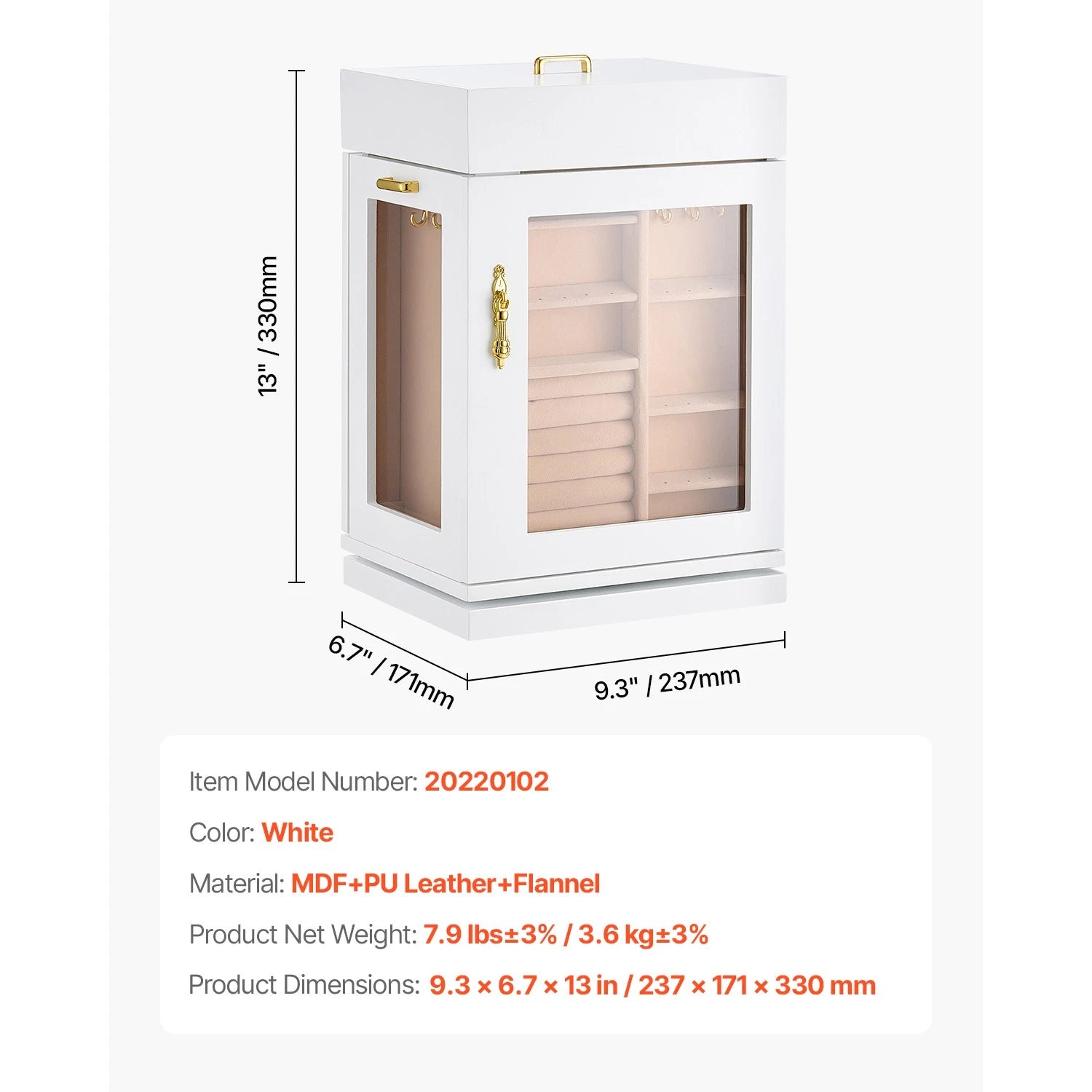 Jewelry Box 360° Rotating Jewelry Organizer with Built-in 4 Necklace Hooks White | eBay