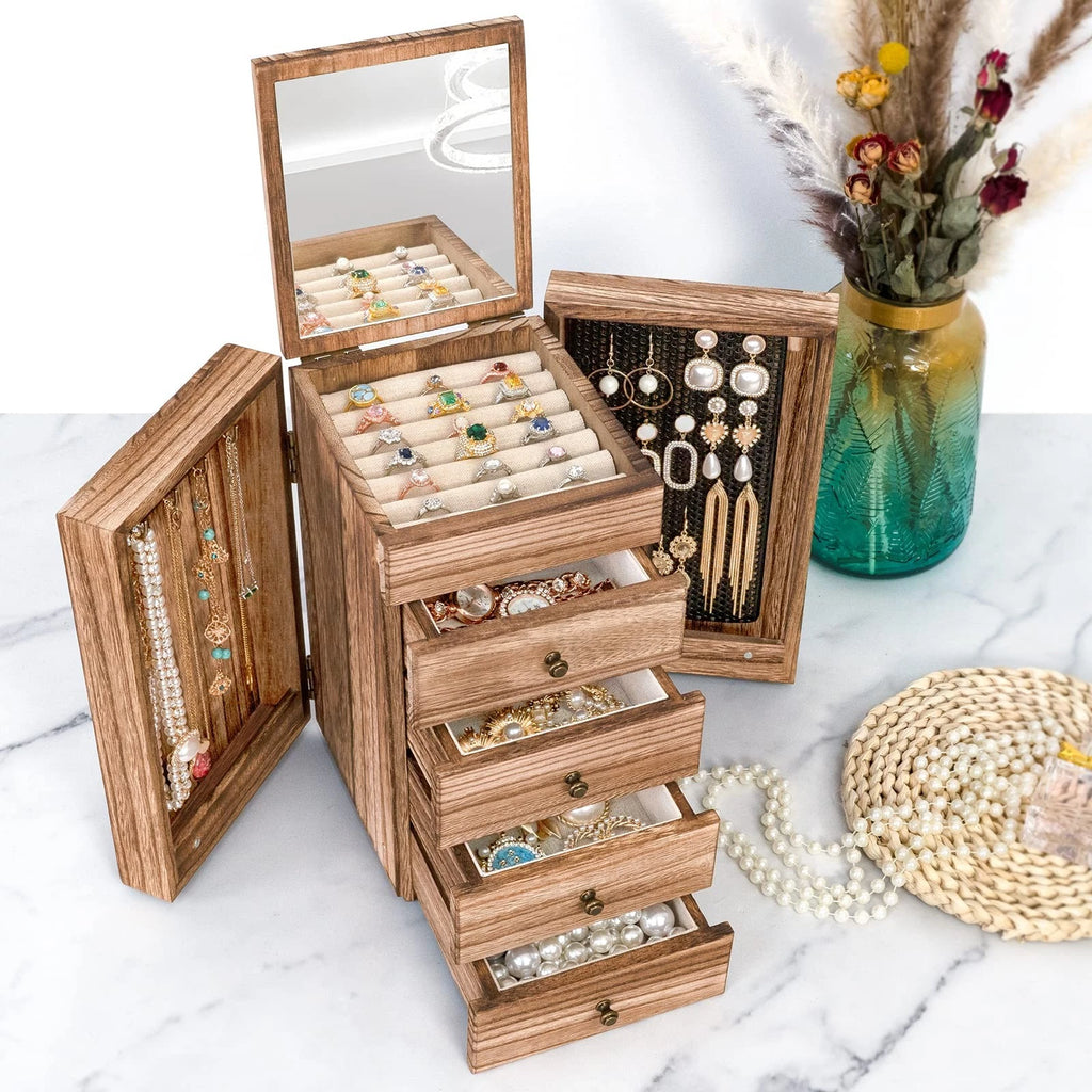 Jewelry Box Wood for Women, 5-Layer Large Organizer Box with Mirror & 4 Drawe... | eBay