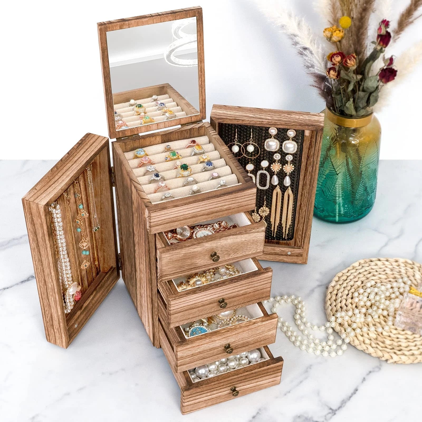 Jewelry Box Wood for Women, 5-Layer Large Organizer Box with Mirror & 4 Drawe... | eBay