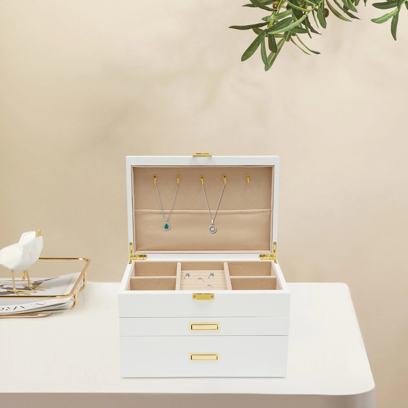 28CM Large Wooden Jewelry Storage Box White 3 Layers Organizer 2 Drawers Cabinet | eBay