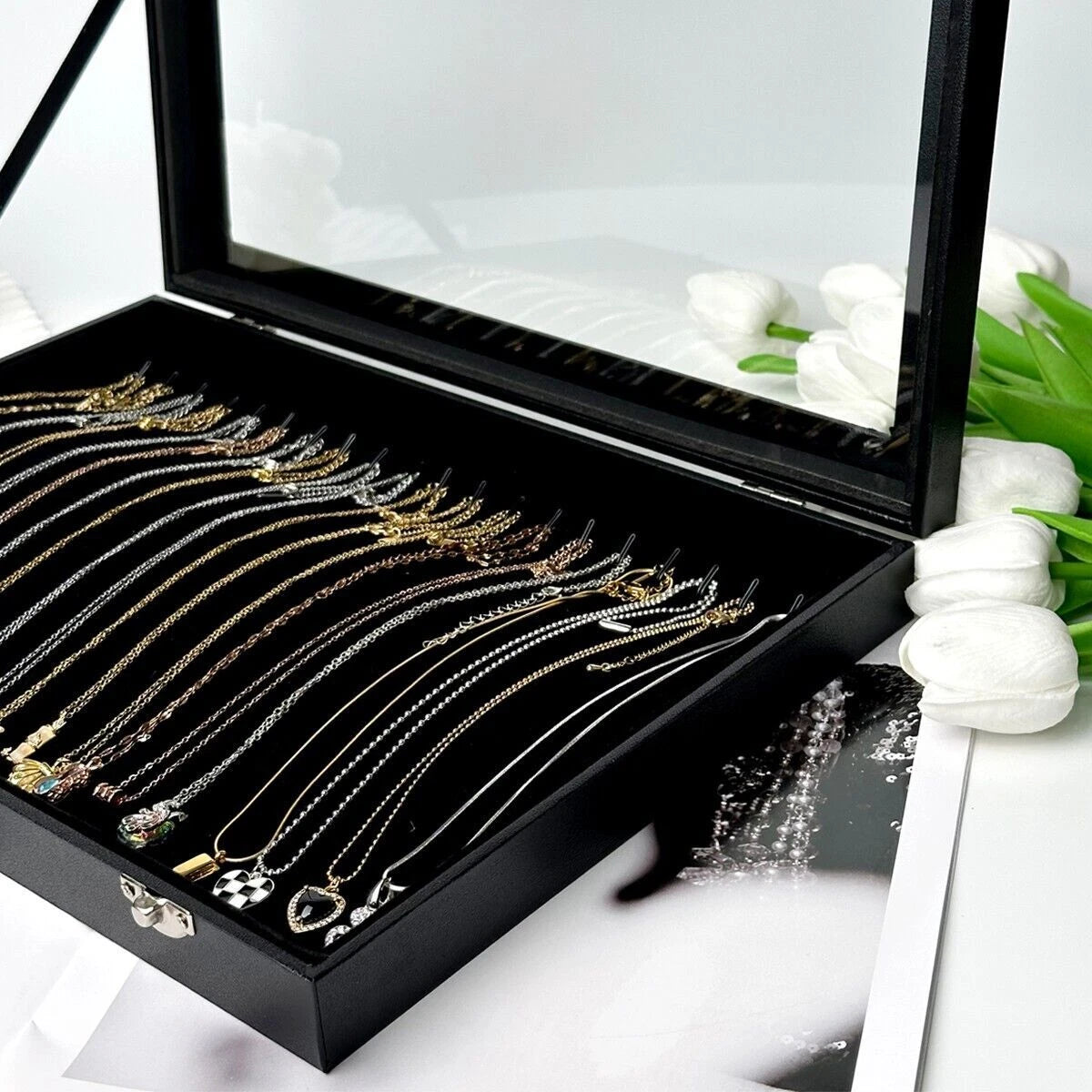 20 Hooks Velvet Necklace Organizer Box Necklace Holder Tray with Clear Lid Black | eBay