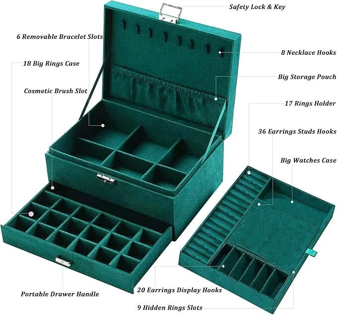 3 Layers Jewelry Box Organizer Large Capacity Ring Earring Necklace Storage New | eBay