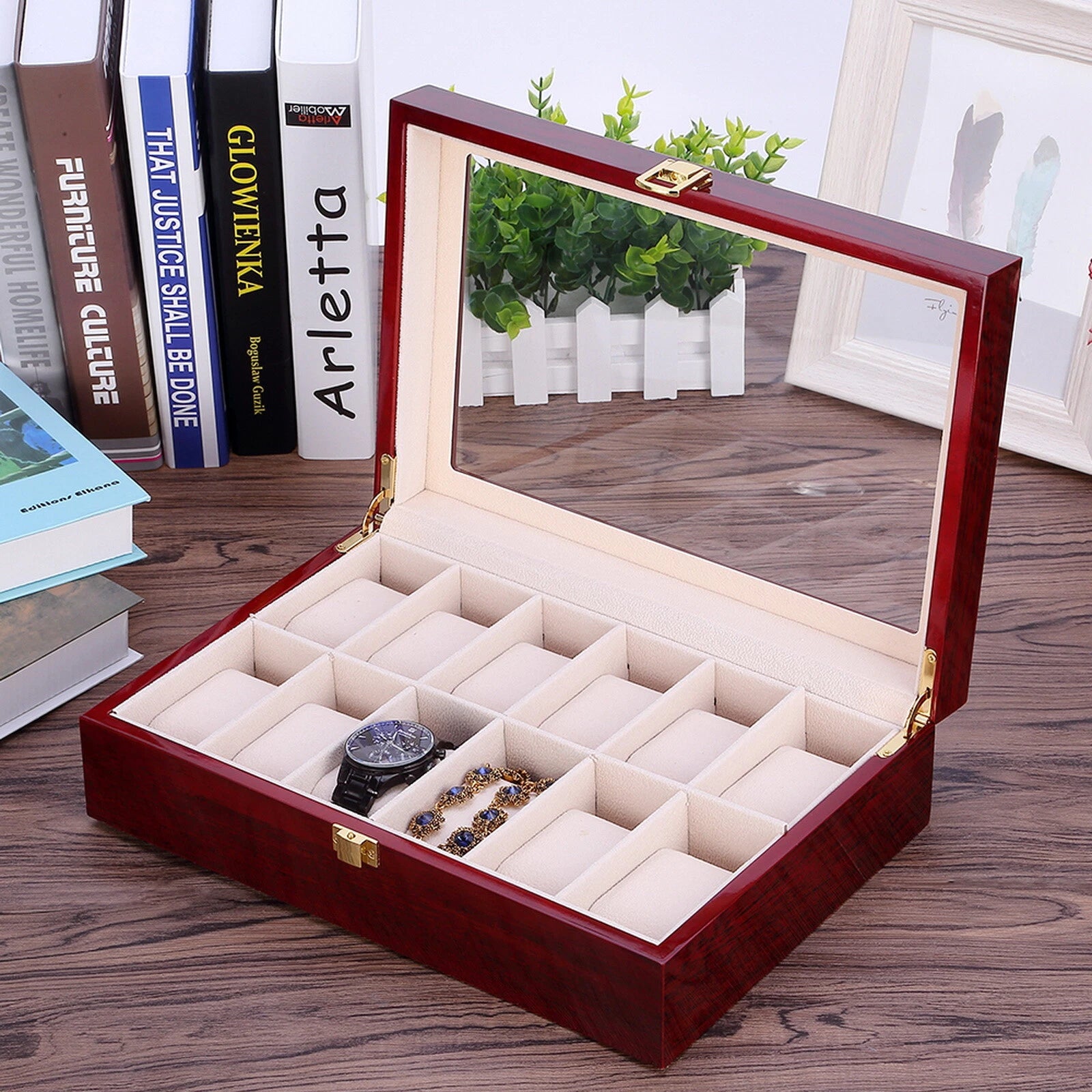 Watch Box Case Organizer Watches Holder Jewelry Storage Top Glass Display Gift | eBay