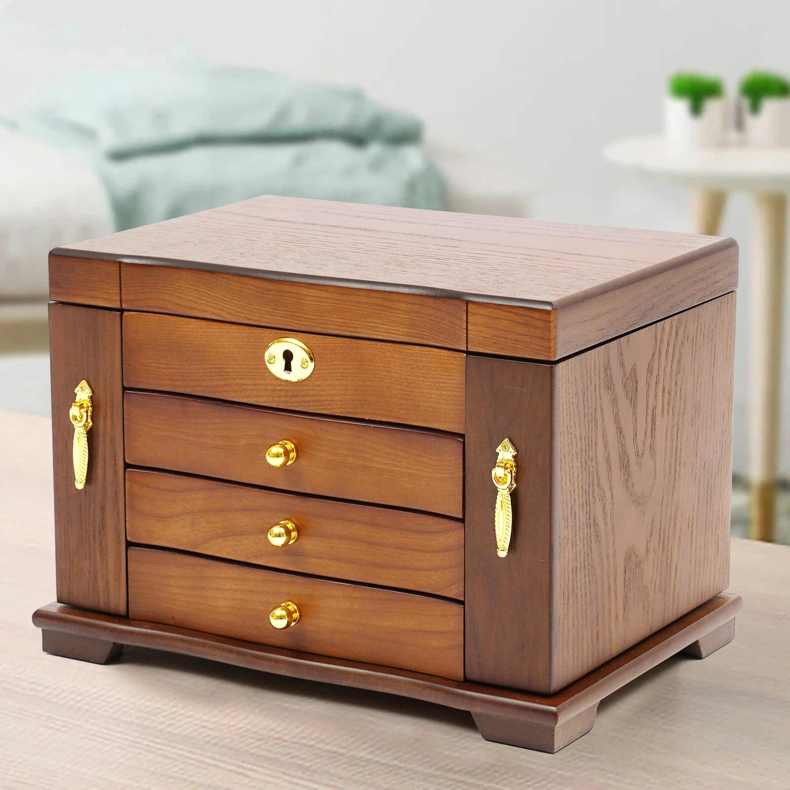 4-Tier Retro Solid Wood Jewelry Box Jewelry Case Lockable Ring Cabinet W/ Mirror | eBay