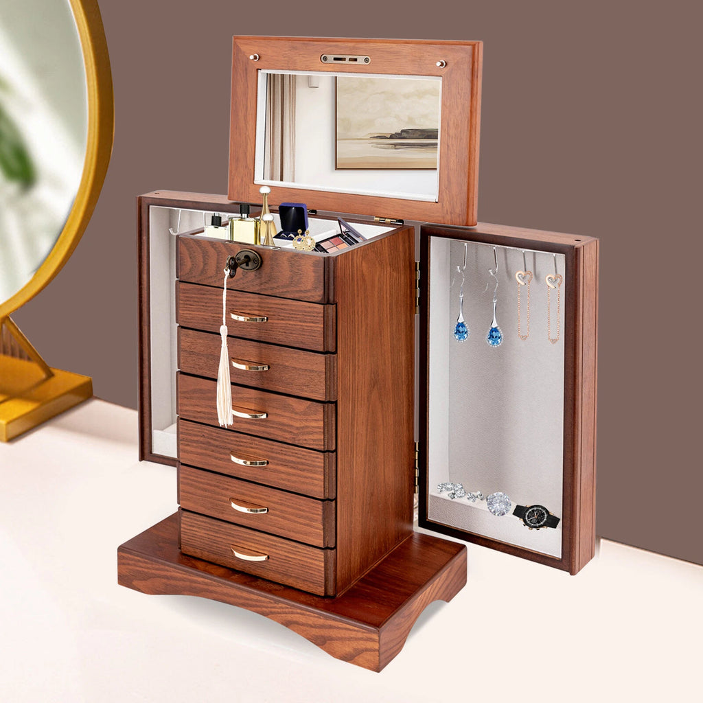 7 Layers Jewelry Box Wooden for Wowen Large Organizer Box with Mirror Safe Lock | eBay