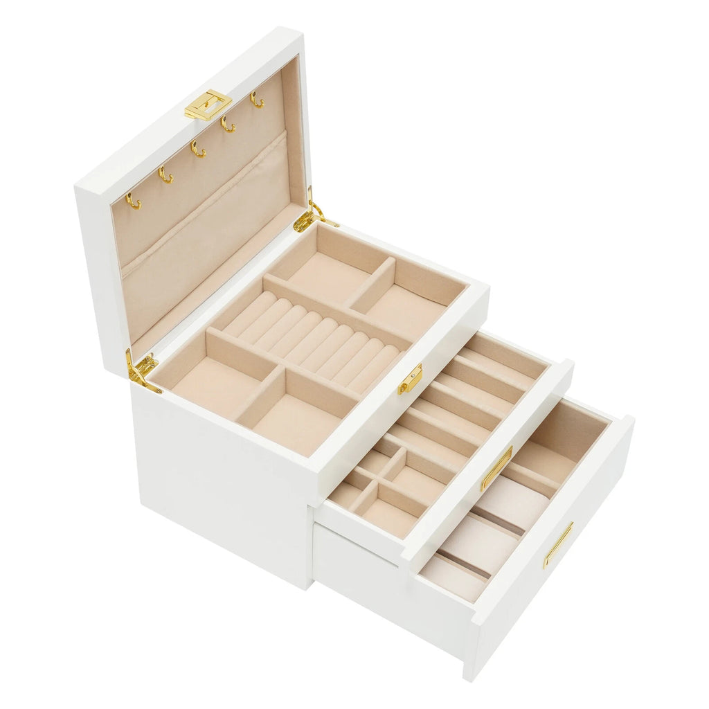 28CM Large Wooden Jewelry Storage Box White 3 Layers Organizer 2 Drawers Cabinet | eBay