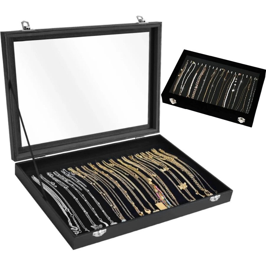 20 Hooks Velvet Necklace Organizer Box Necklace Holder Tray with Clear Lid Black | eBay