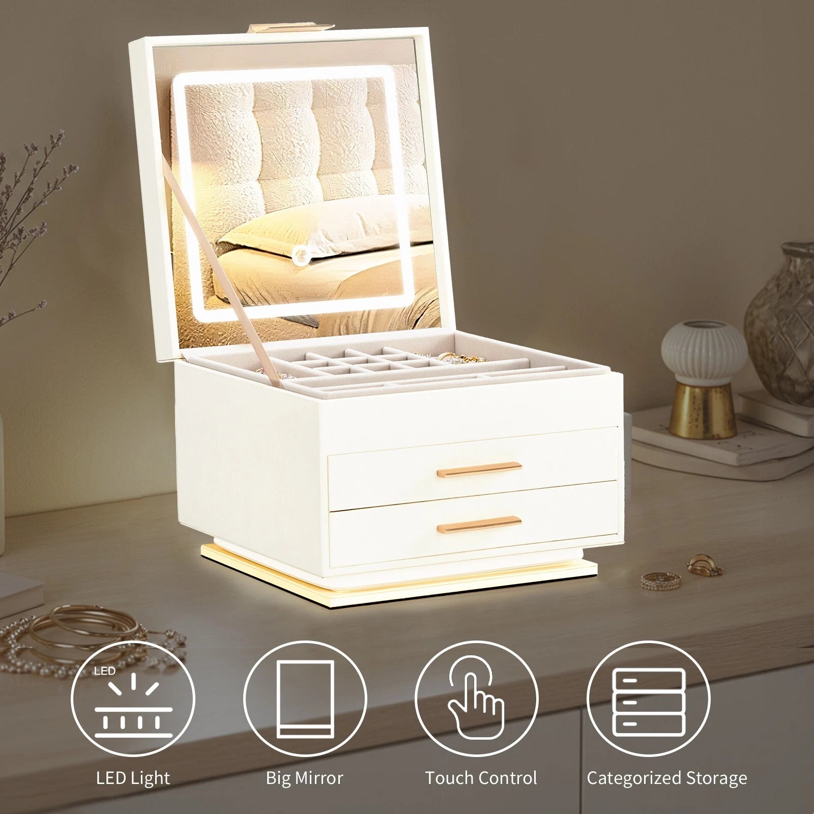 Jewelry Box Leather 3-Tier Storage Organizer Case with Touch Control LED Mirror | eBay