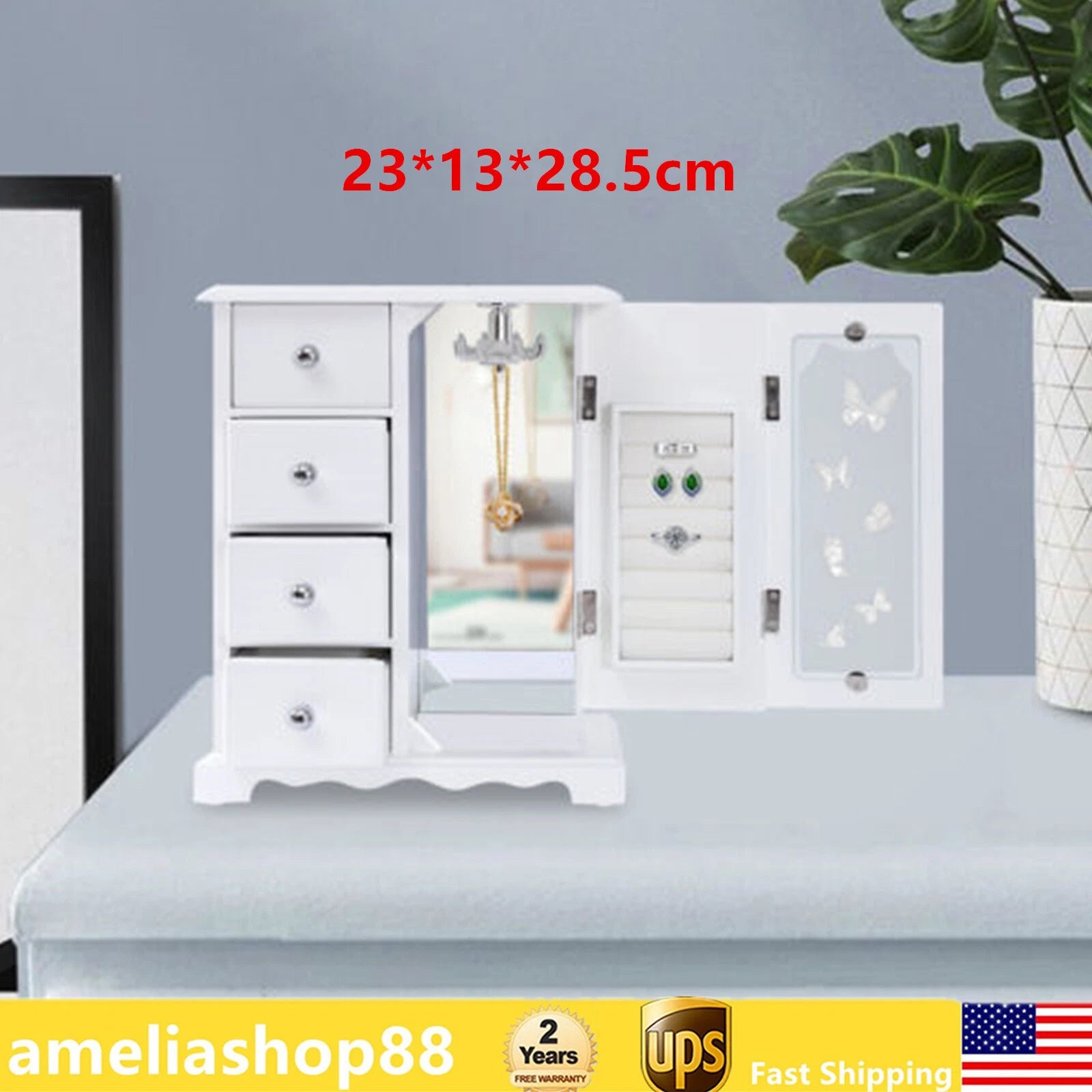 Women Gift Jewelry Wood Box 4 Drawers Organizer Velvet Built-in Mirror Bedroom | eBay
