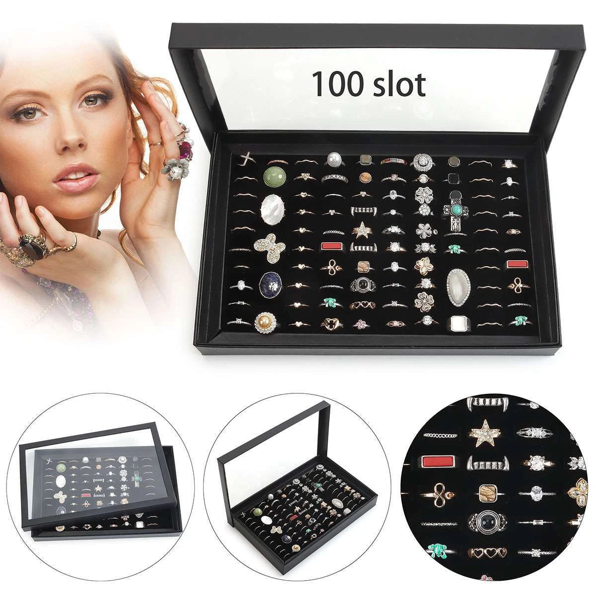 100 Slots Jewelry Ring Display Organizer Case Tray Holder Earring Storage Box US | eBay