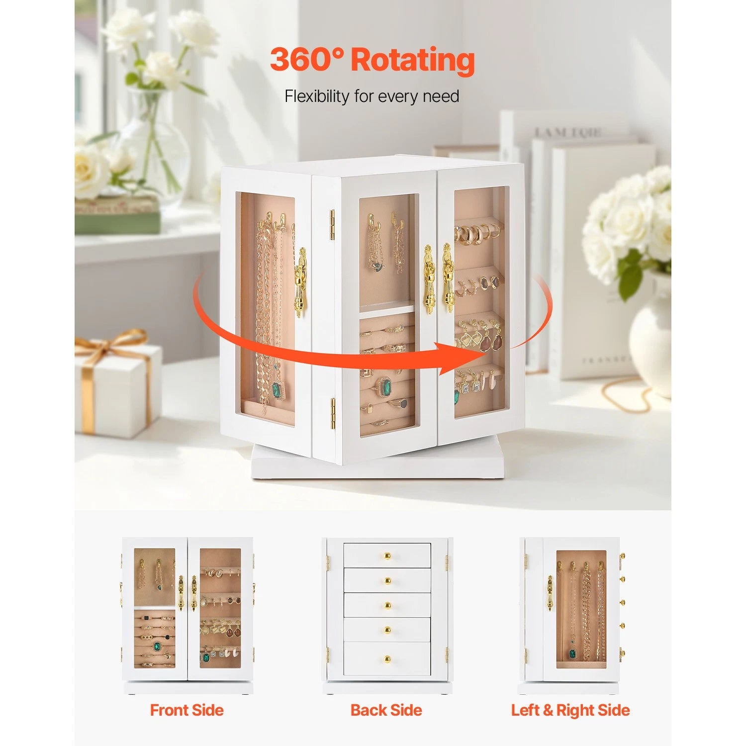 Jewelry Box 360° Rotating Jewelry Organizer with 5 Spacious Drawers White | eBay