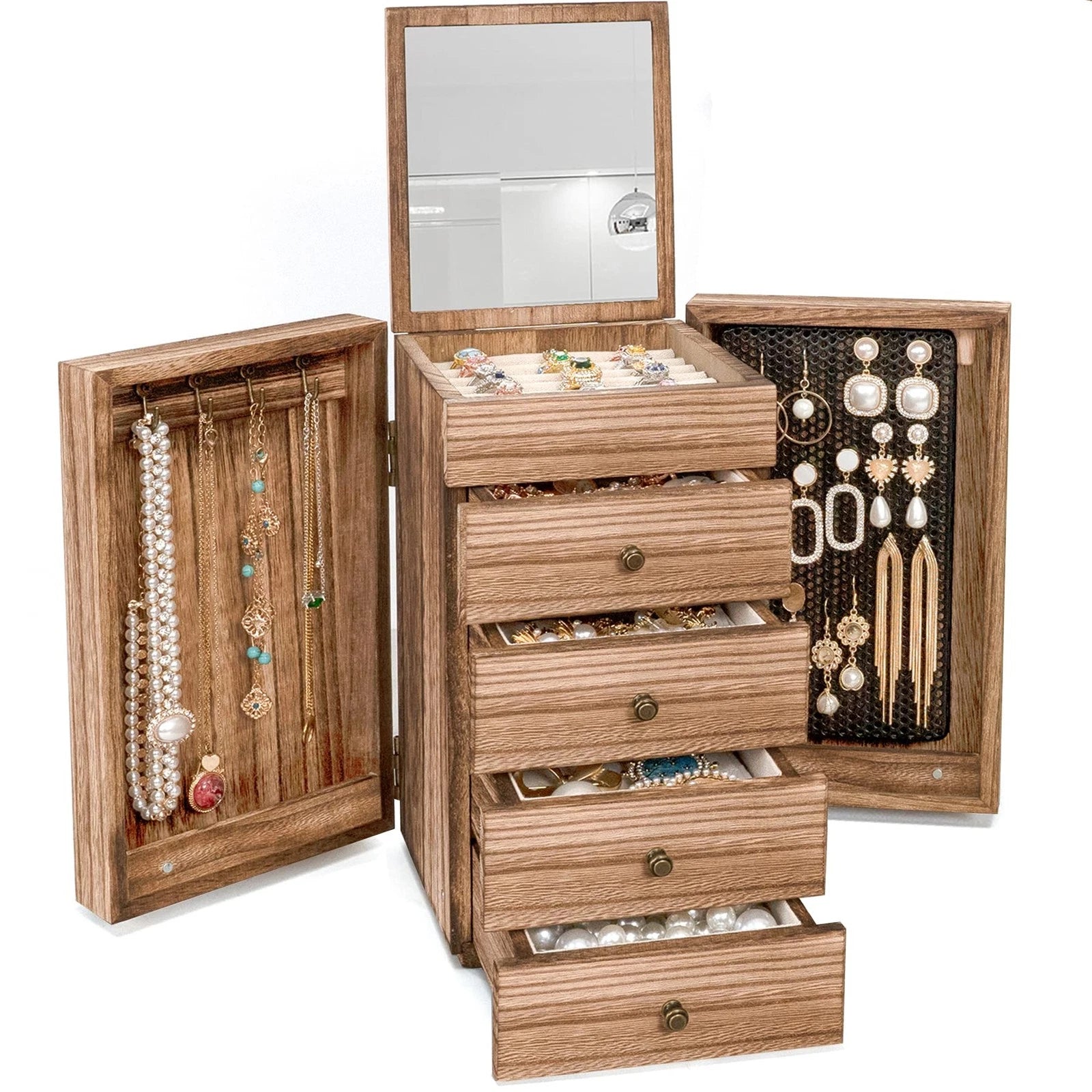 Jewelry Box Wood for Women, 5-Layer Large Organizer Box with Mirror & 4 Drawe... | eBay