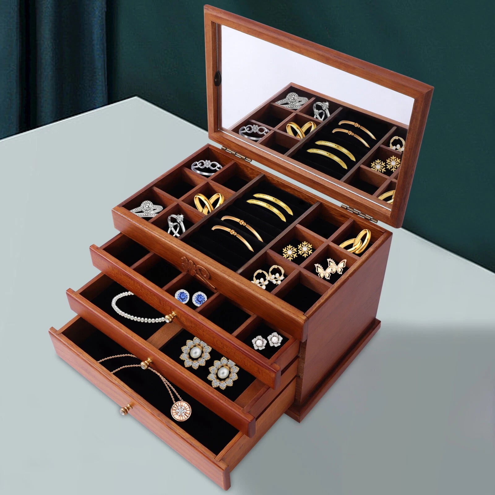 Wooden Jewelry Box Jewelry Storage Ring Earrings Organizer Case with Drawer NEW | eBay