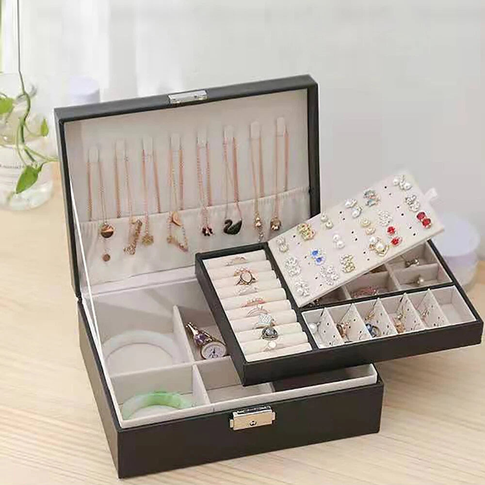 Double Layer Jewelry Box PU Leather Storage Large Space Holder Organizer Gift | eBay