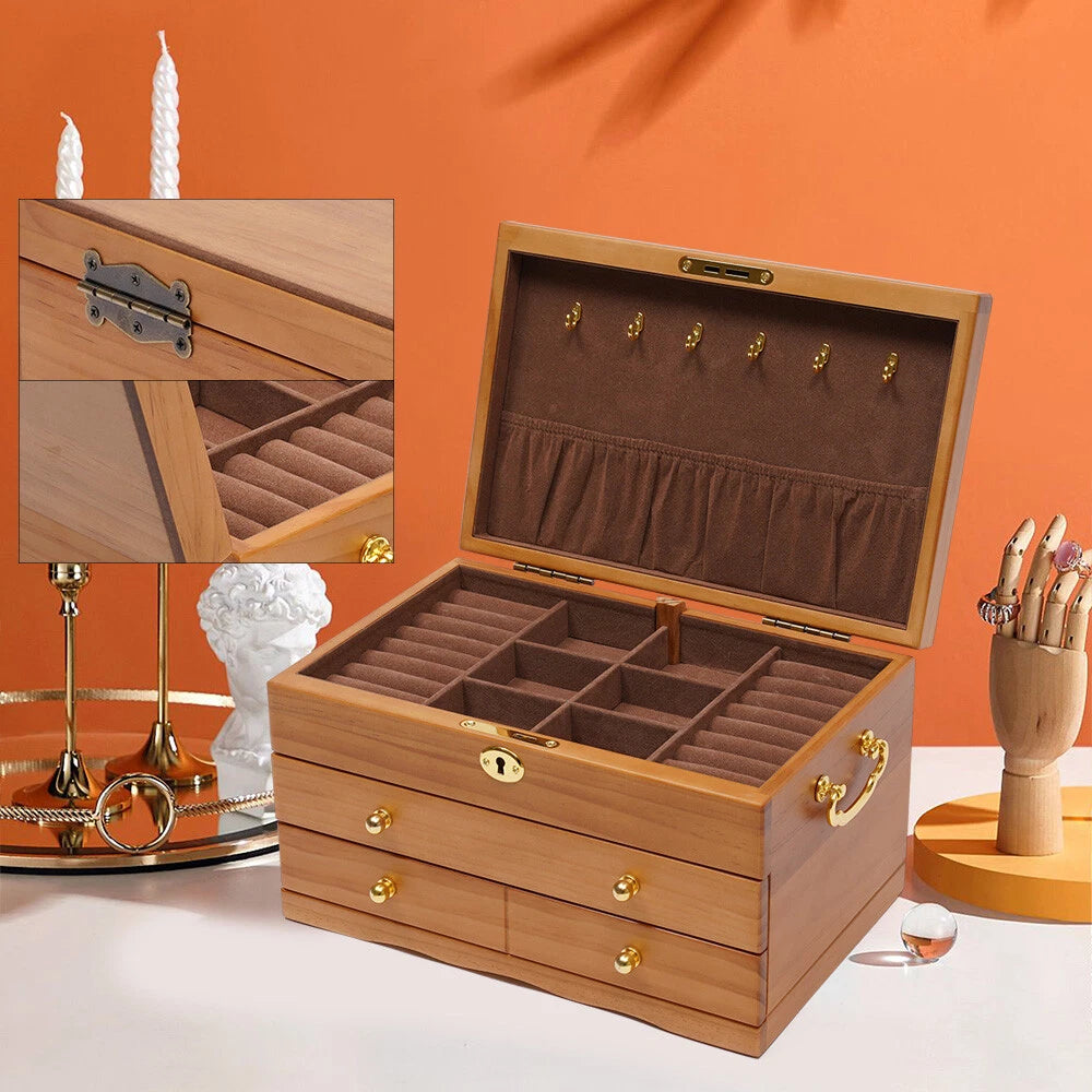 Large Capacity Wooden Jewelry Box 3 Layers W/ Safe Lock Retro Storage Organizer | eBay