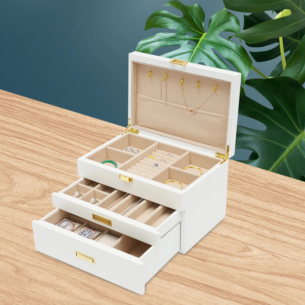 28CM Large Wooden Jewelry Storage Box White 3 Layers Organizer 2 Drawers Cabinet | eBay