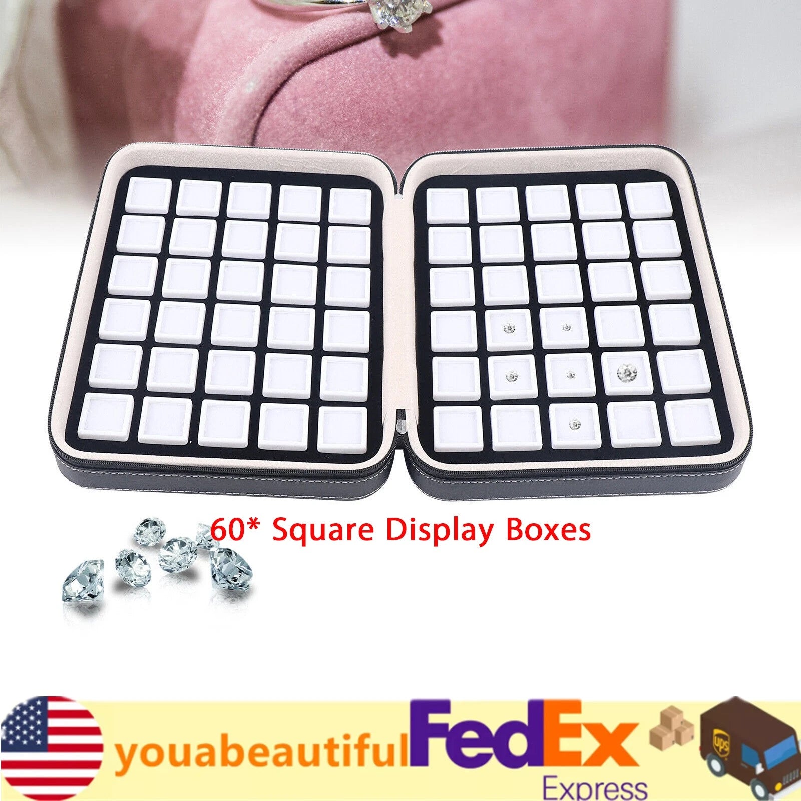 60 Grids Luxury Diamond Gemstone Organizer Display Box Jewelry Storage Case usa! | eBay