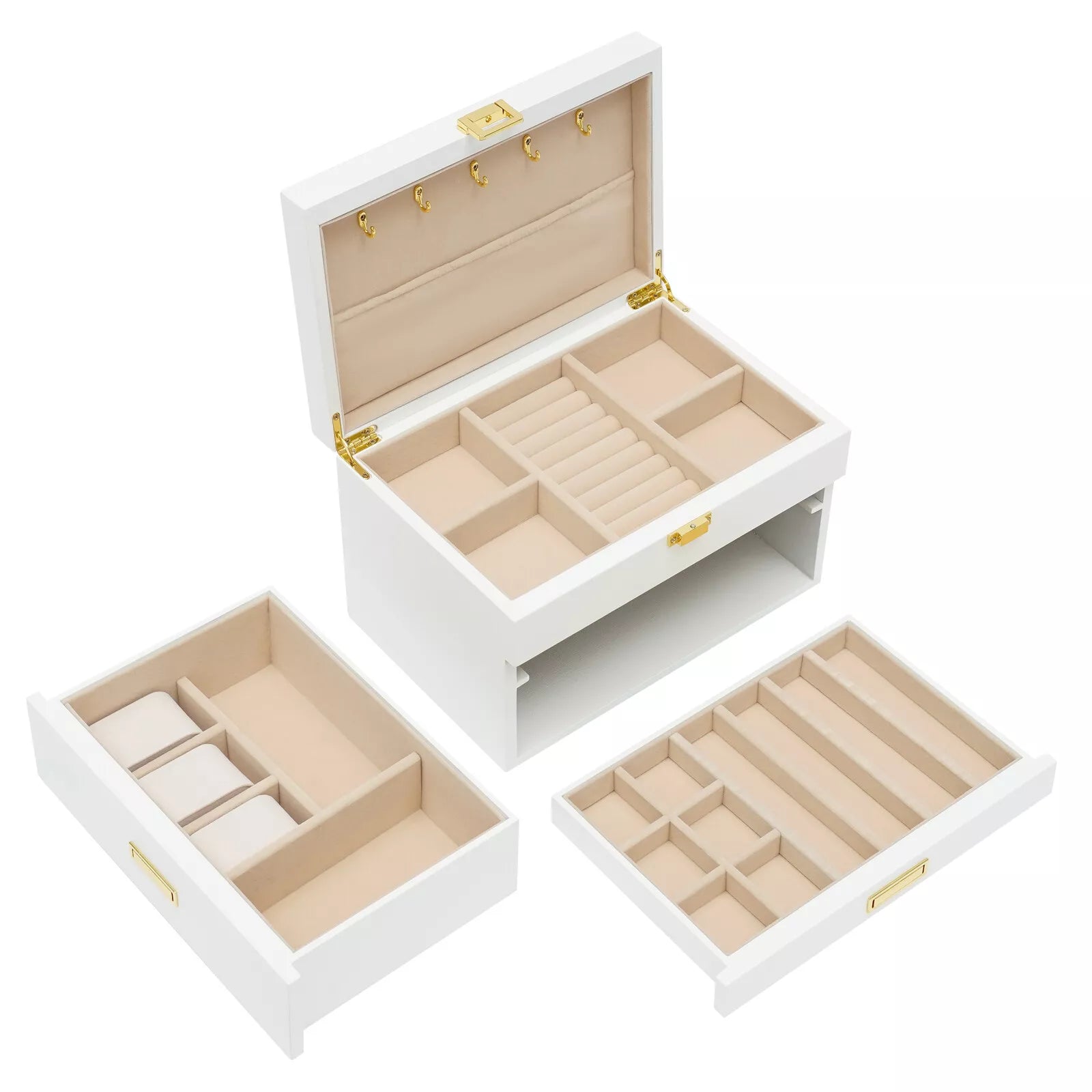 28CM Large Wooden Jewelry Storage Box White 3 Layers Organizer 2 Drawers Cabinet | eBay