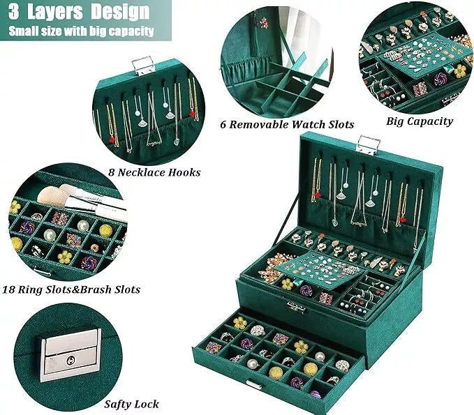 3 Layers Jewelry Box Organizer Large Capacity Ring Earring Necklace Storage New | eBay