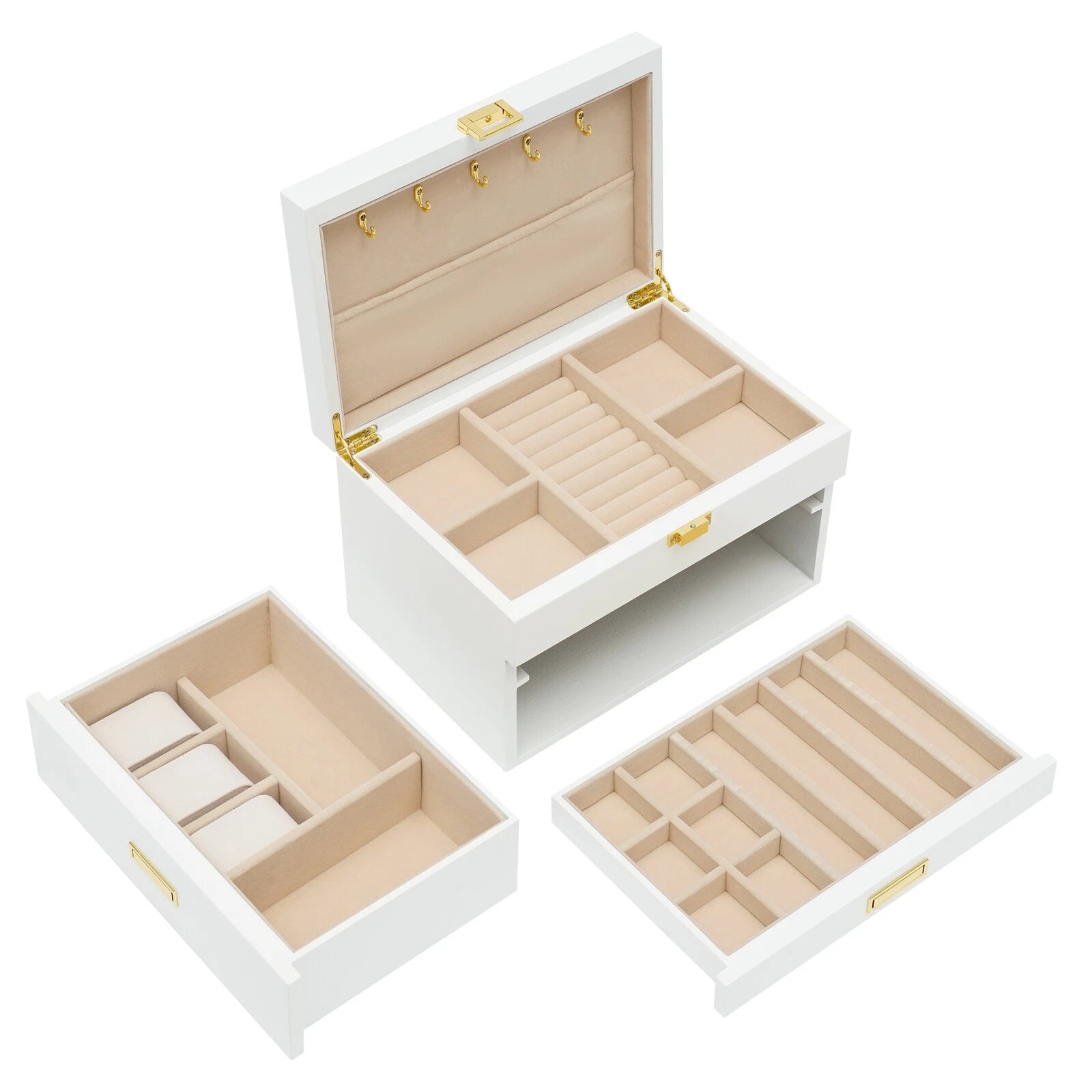 Large Wooden Jewelry Storage Box 3 Layers Organizer 2 Drawers Cabinet | eBay