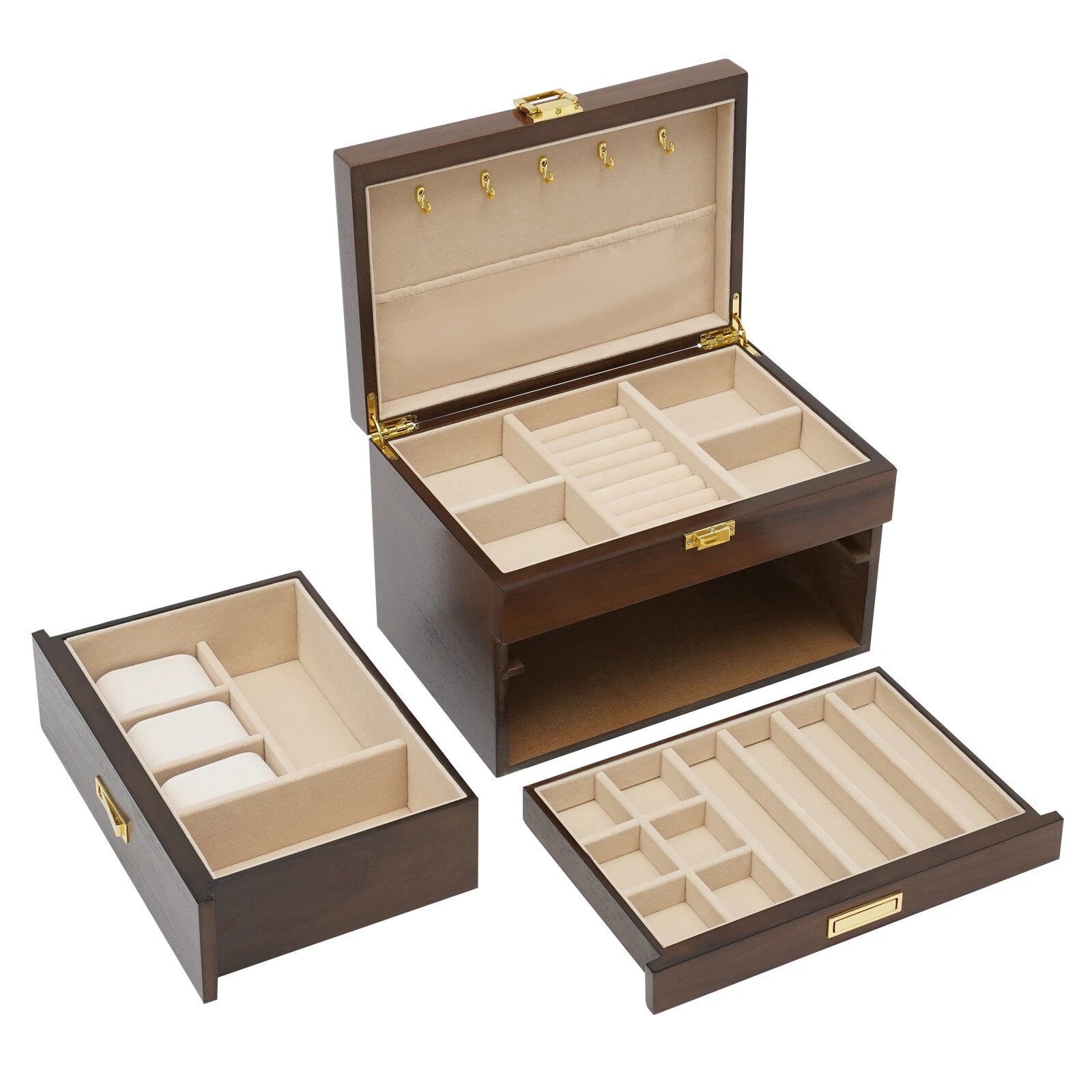 3 Layers Wooden Organizer Jewelry Storage Box w/ 2 Drawers Cabinet | eBay