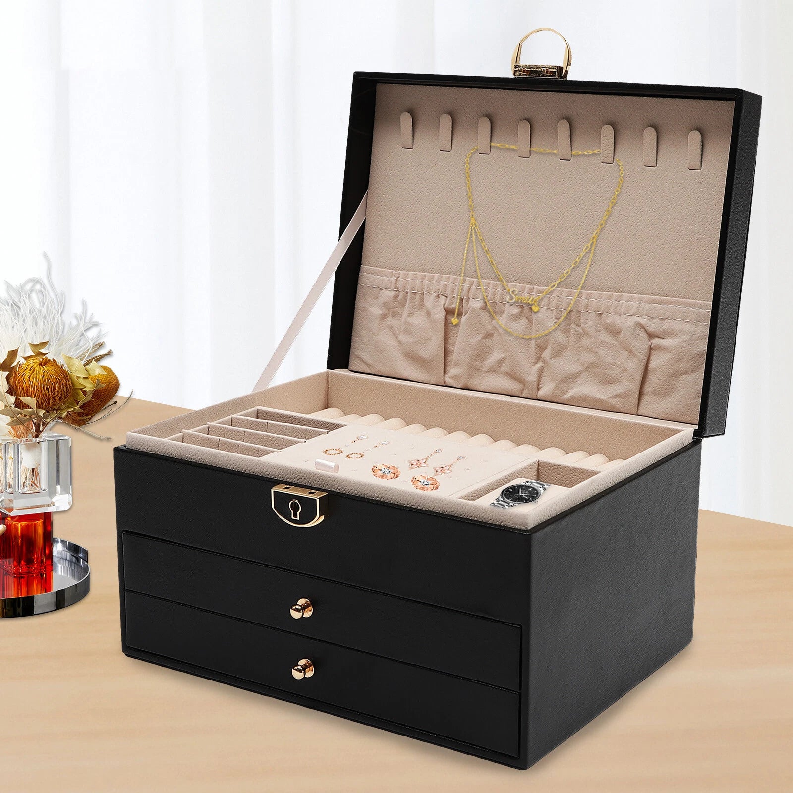 3-Layer Lockable Jewelry Box Organizer with Velveteen Lining | eBay