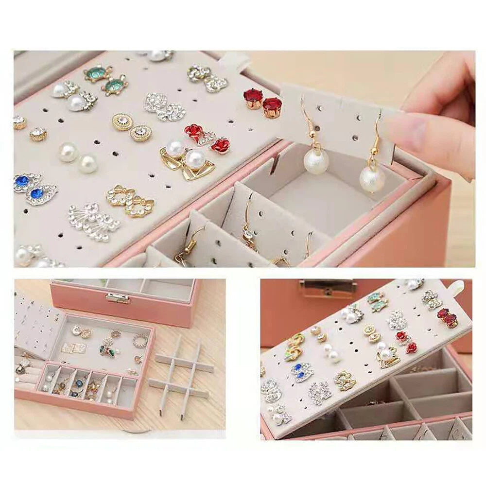 JEWELRY BOX 2-LAYER ORGANIZER CASE LARGE STORAGE NECKLACE RING LEATHER BRAND NEW | eBay