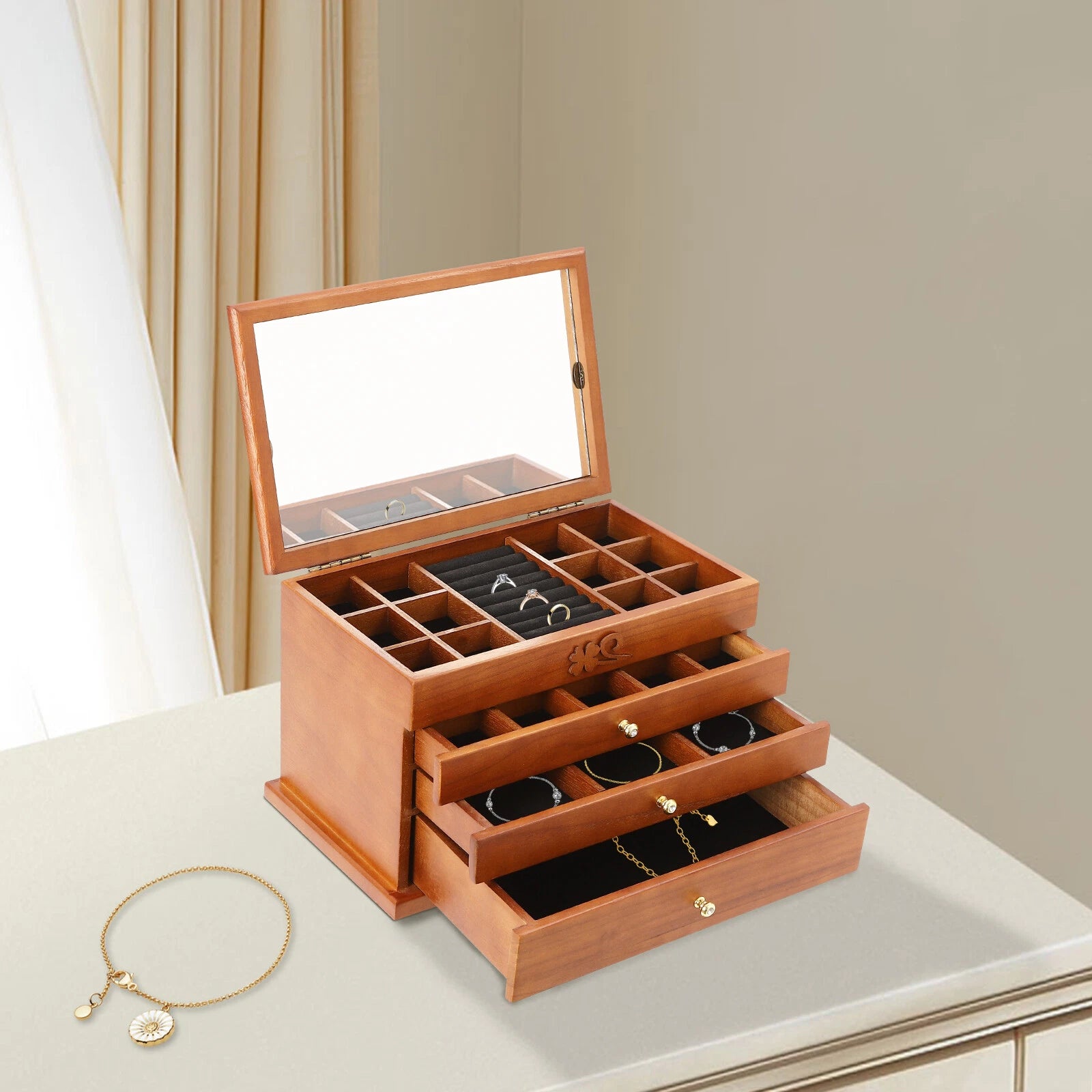 Wooden Jewelry Box Jewelry Storage Ring Earrings Organizer Case with Drawer NEW | eBay