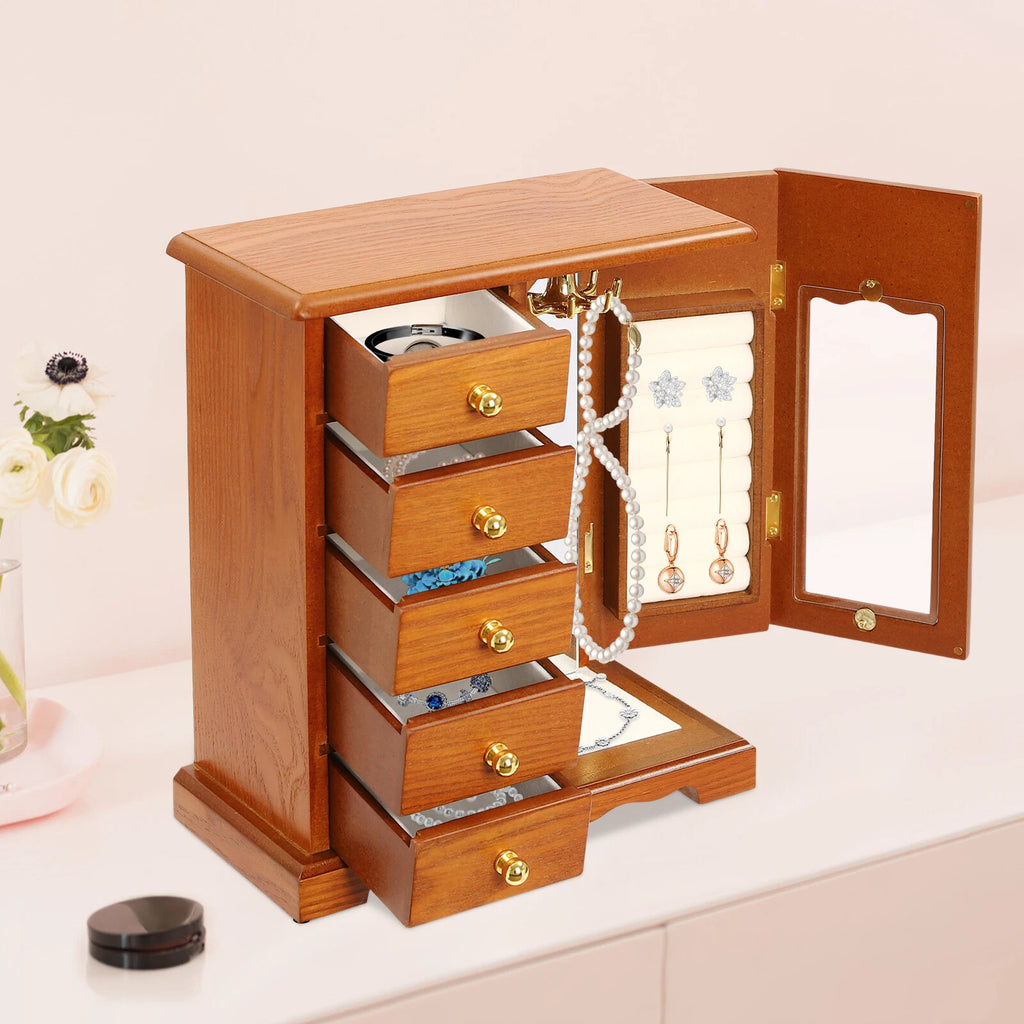 Wooden Jewelry Box Jewelry Storage Cabinet Organizer Mirror With 5 Drawers | eBay