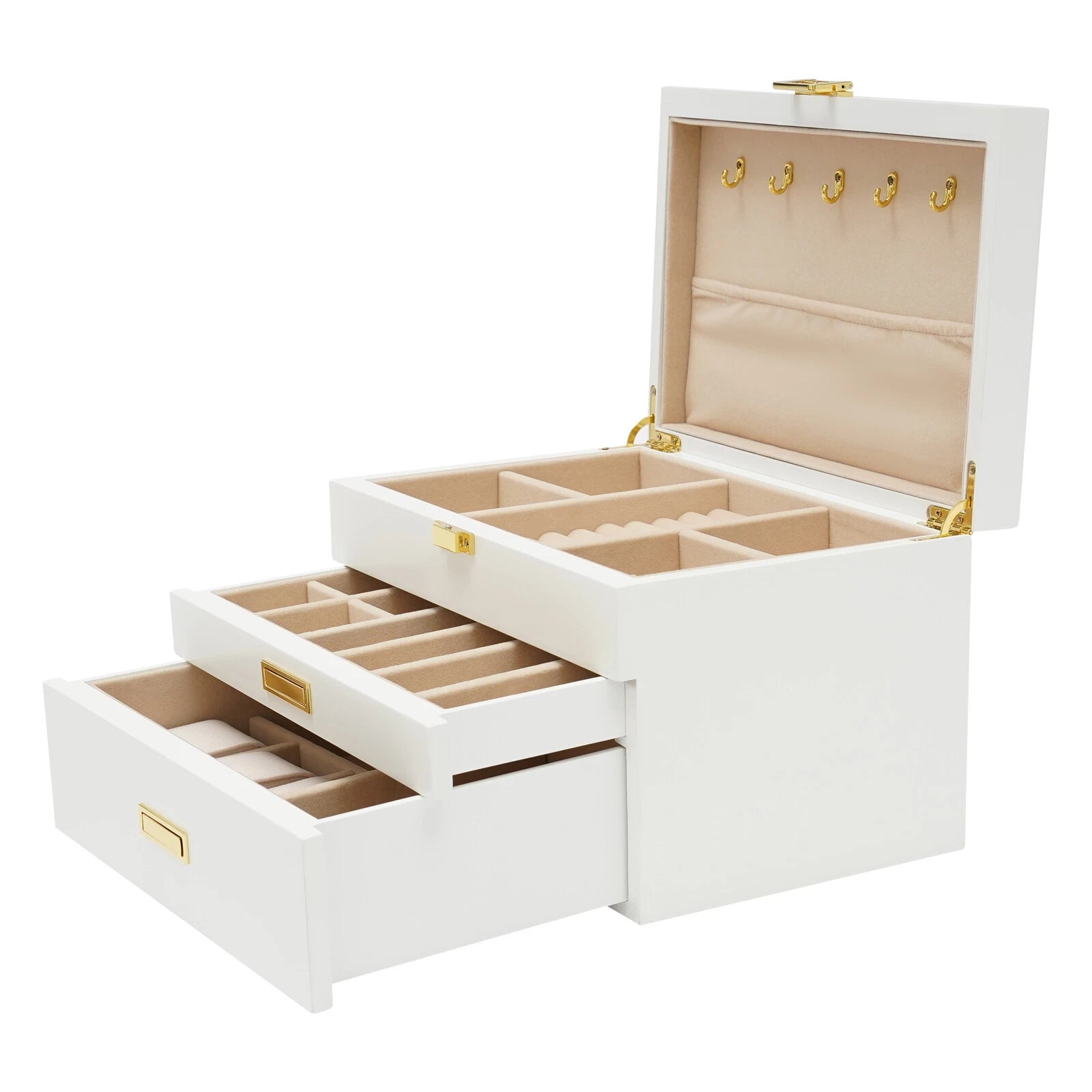 28CM Large Wooden Jewelry Storage Box White 3 Layers Organizer 2 Drawers Cabinet | eBay