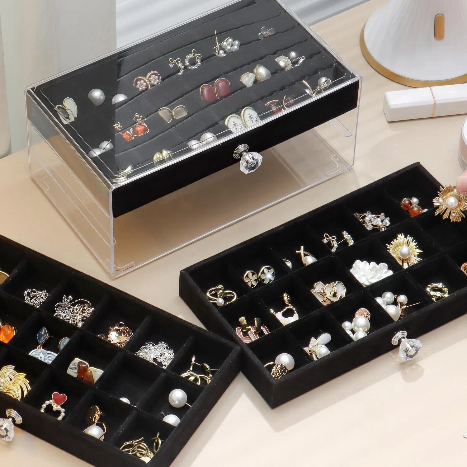 Clear Jewelry Box Earring Organizer Storage Case Velvet 3 Drawer Display Tray | eBay