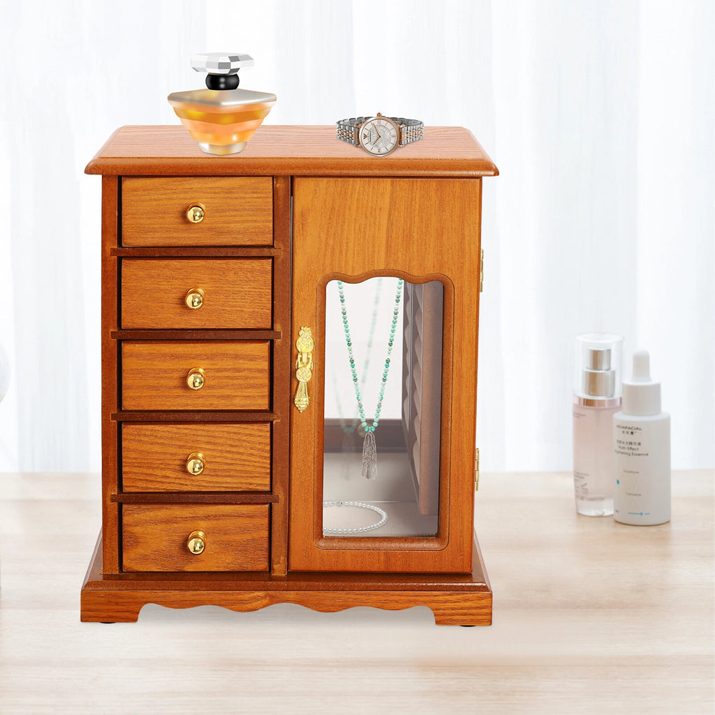 Wooden Jewelry Box Jewelry Storage Cabinet Organizer Mirror With 5 Drawers | eBay